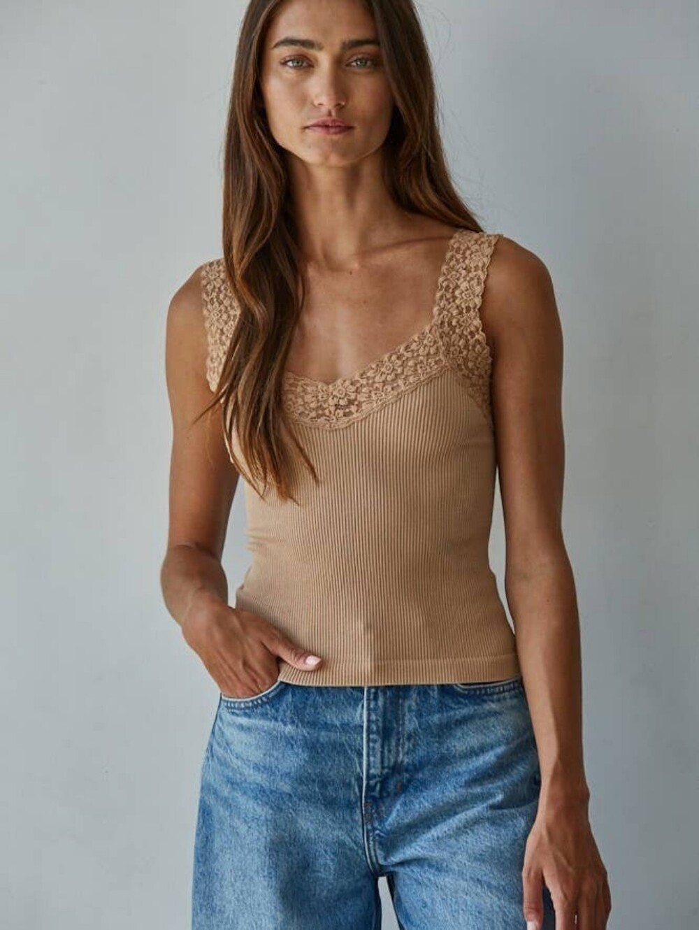 🛑3/$45🛑  Knit Seamless Ribbed Tank Top with Lace Trim